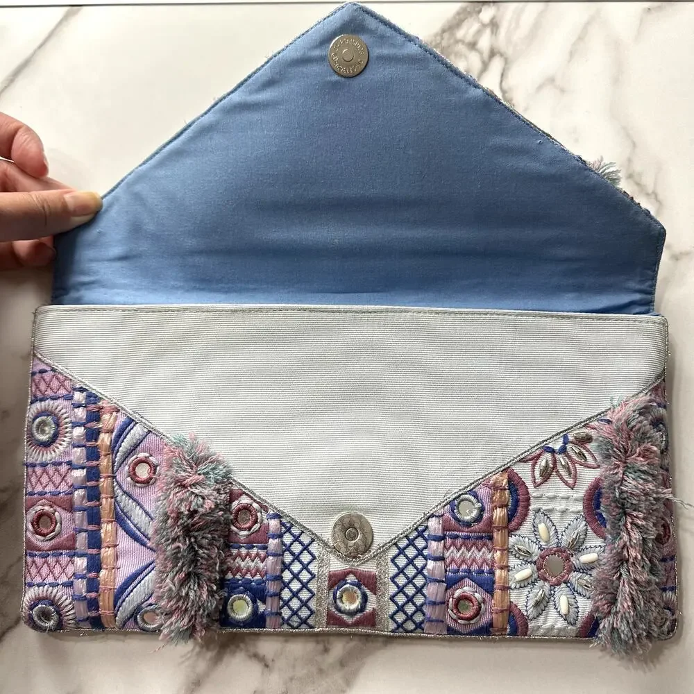 Chico's Boho Fringe Embroidered Purple Blue Multicolor Evening Party Clutch NWT